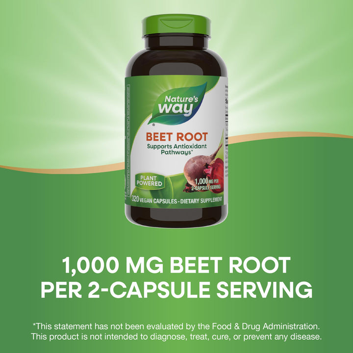Nature&#39;s Way Beet Root, Supports Antioxidant Pathways*, Helps Neutralize Free Radicals*, 1,000 mg per 2-Capsule Serving, Vegan, 320 Capsules (Packaging May Vary)