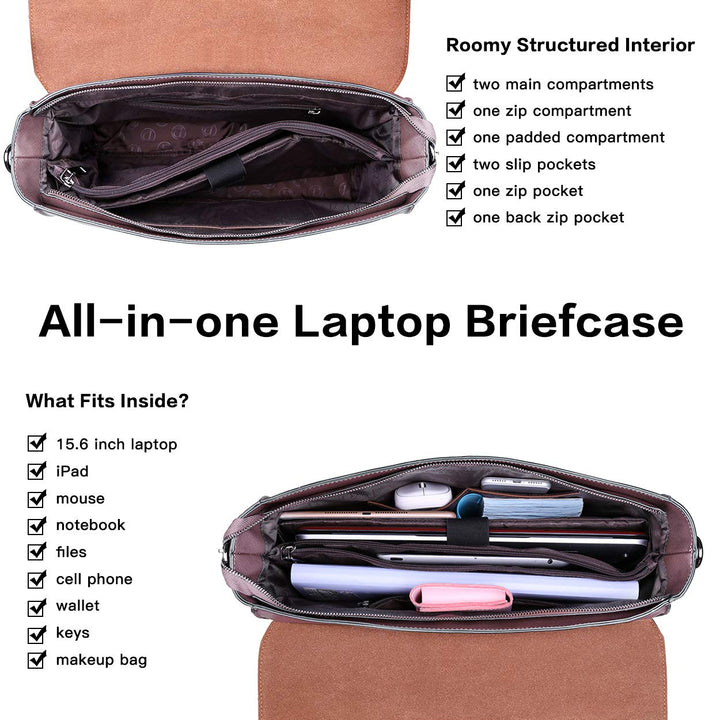 Women&#39;s 15.6 Inch Laptop Briefcase, Vintage Purple Saffiano Eco-Leather, 4 Large Compartments, 2 Slip Pockets, 1 Zip-Fastening Pocket