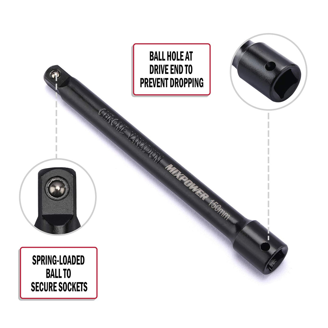 9-Piece Extension Bar Set, 1/4, 3/8 and 1/2 Drive Socket Extension, Premium Chrome Vanadium Steel with Black Phosphate Finish, Engineered for Impact Drivers