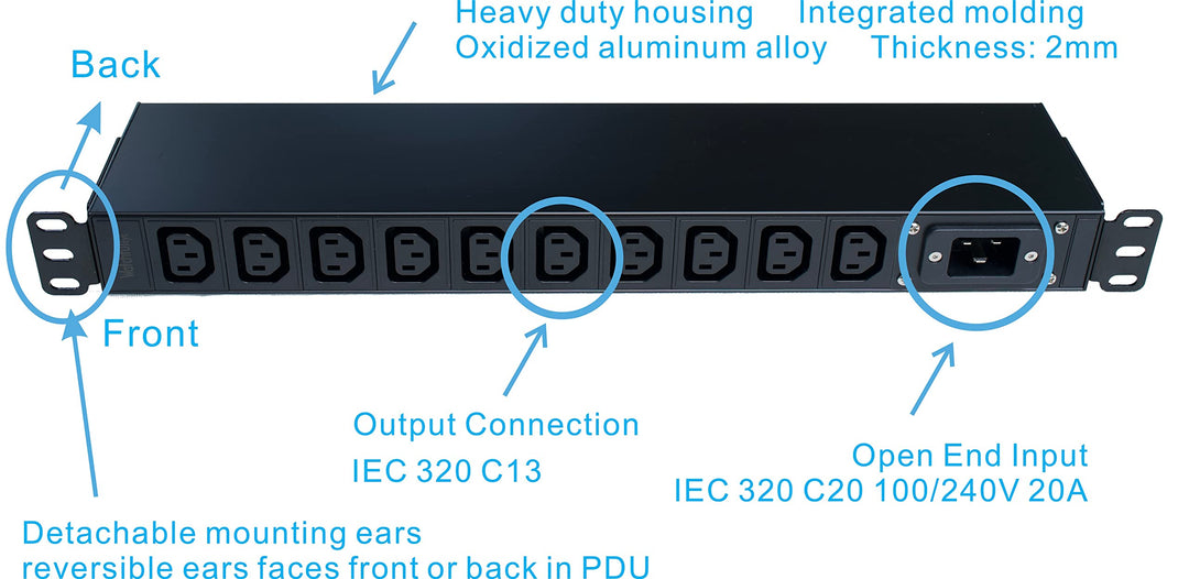 120/240V C13 PDU WTH-CS/PDU-C13-E Heavy Duty Metal 1U Rack Mount Input C20 20A Open end (Without Extension Cord)