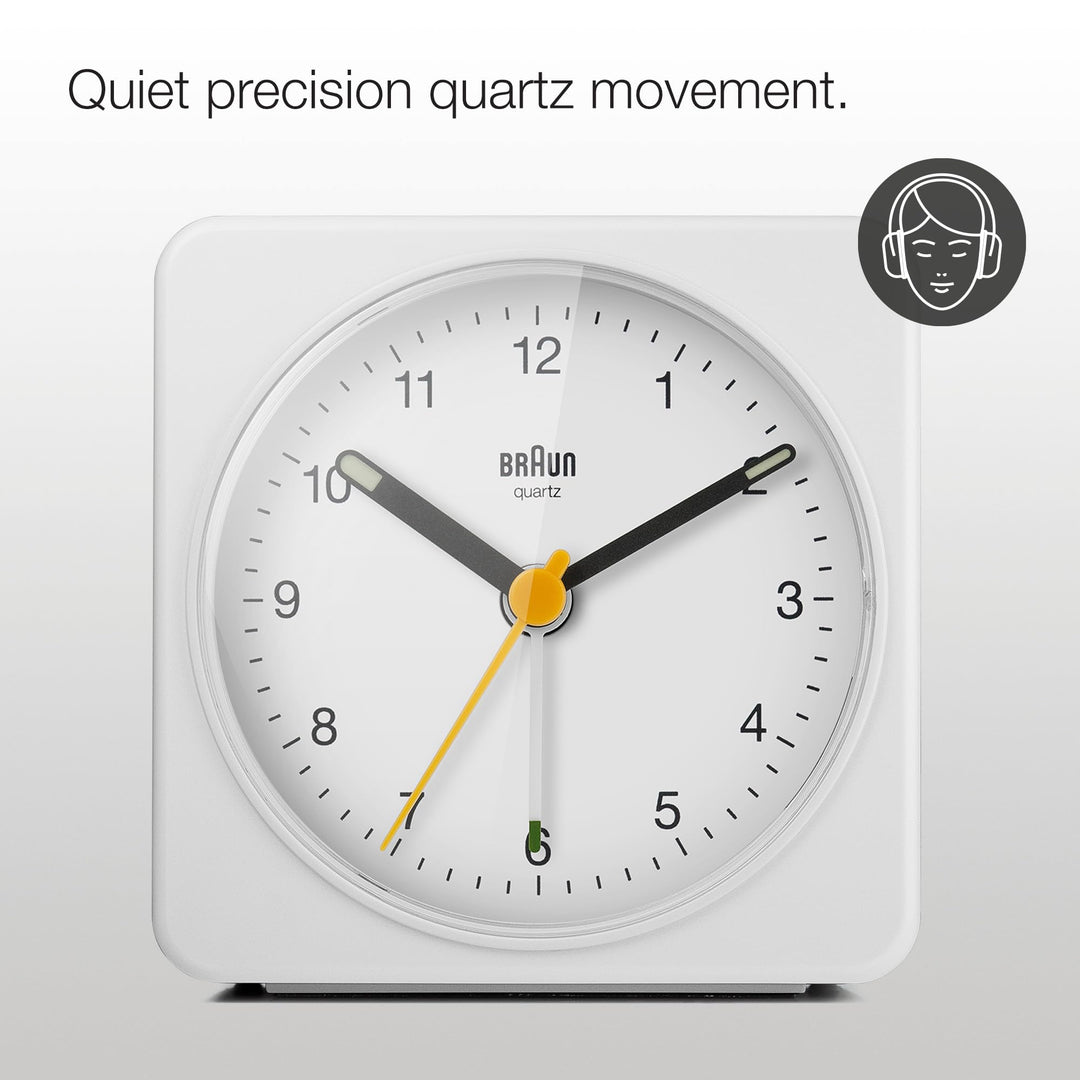 Braun Classic Analogue Alarm Clock with Snooze and Light, Quiet Quartz Sweeping Movement, Crescendo Beep Alarm in White, Model BC03W.