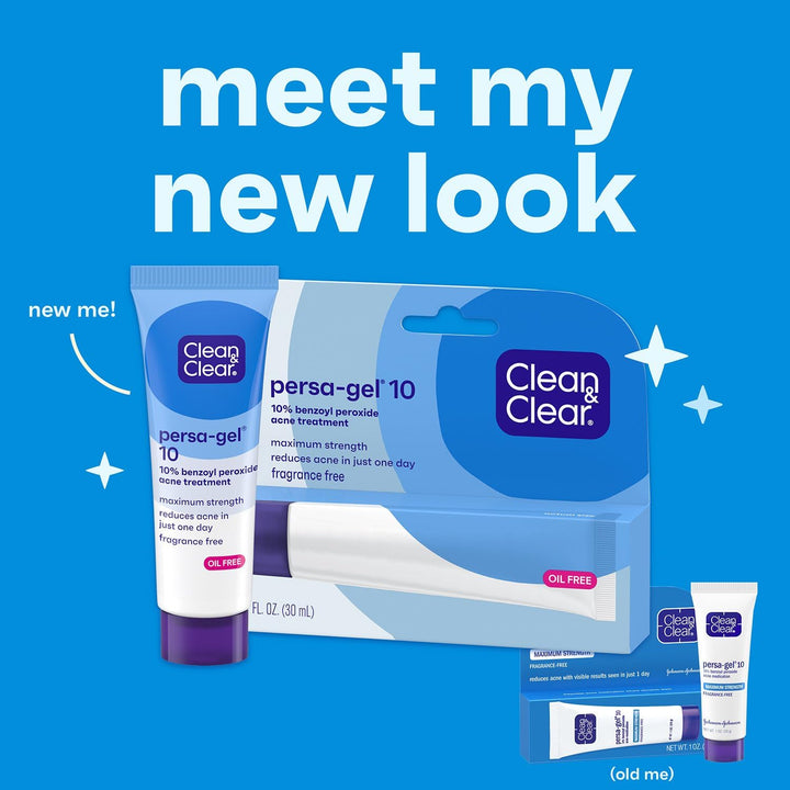 Clean &amp; Clear Persa-Gel 10 Acne Medication Spot Treatment with Maximum Strength 10% Benzoyl Peroxide, Pimple Cream &amp; Acne Gel Medicine for Face Acne with Benzoyl Peroxide Medication, 1 oz