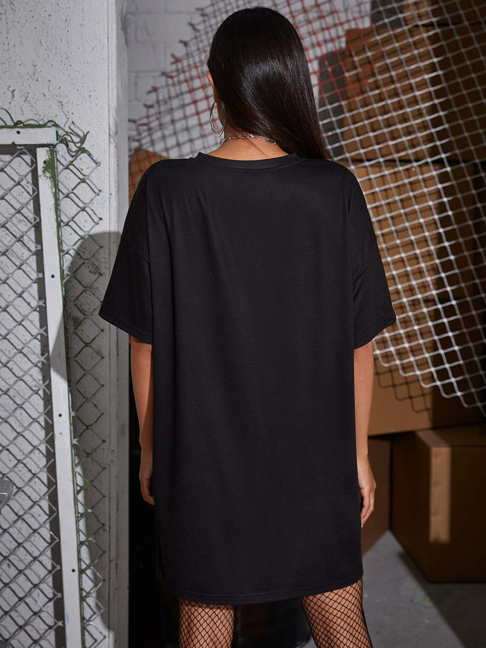 Women's Casual Graphic Print Short Sleeve Loose T Shirt Dress Black L