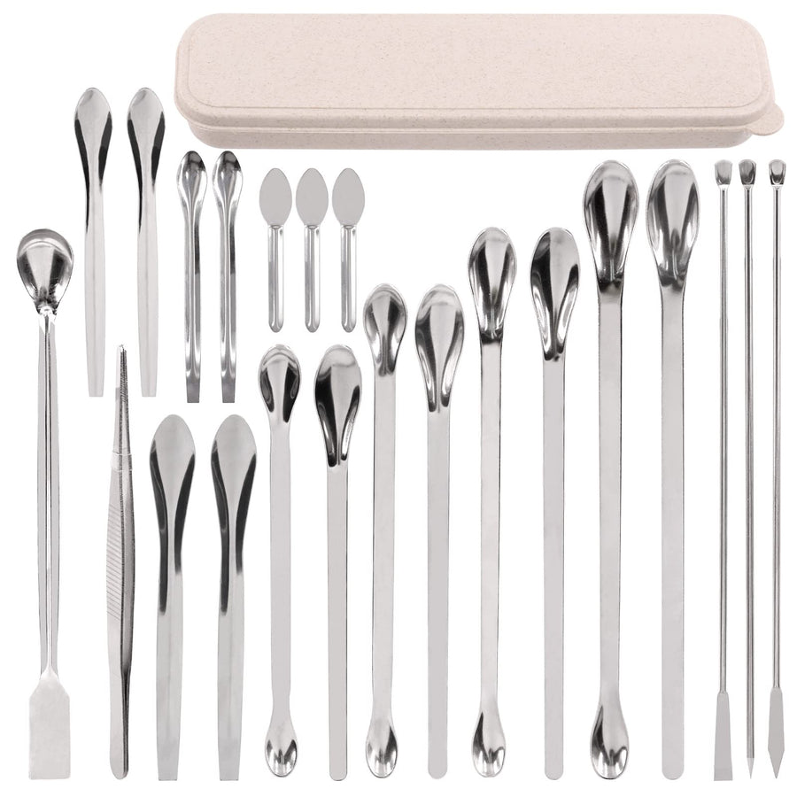 23Pcs Stainless Steel Lab Spatula Micro Scoop Set Including 22pcs 7cm 16cm 18cm 20cm 22cm Laboratory Tiny Mixing Spatula Scoop Measuring Spoon Long Sampling Spoon with 1Pair Gloves