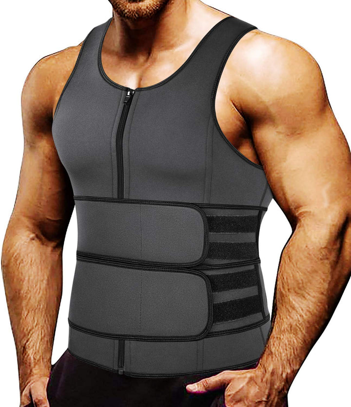 Sauna Waist Trainer Vest for Men Sweat Vest with Double Belt Workout Neoprene Body Shaper Tank Top,Gray XL