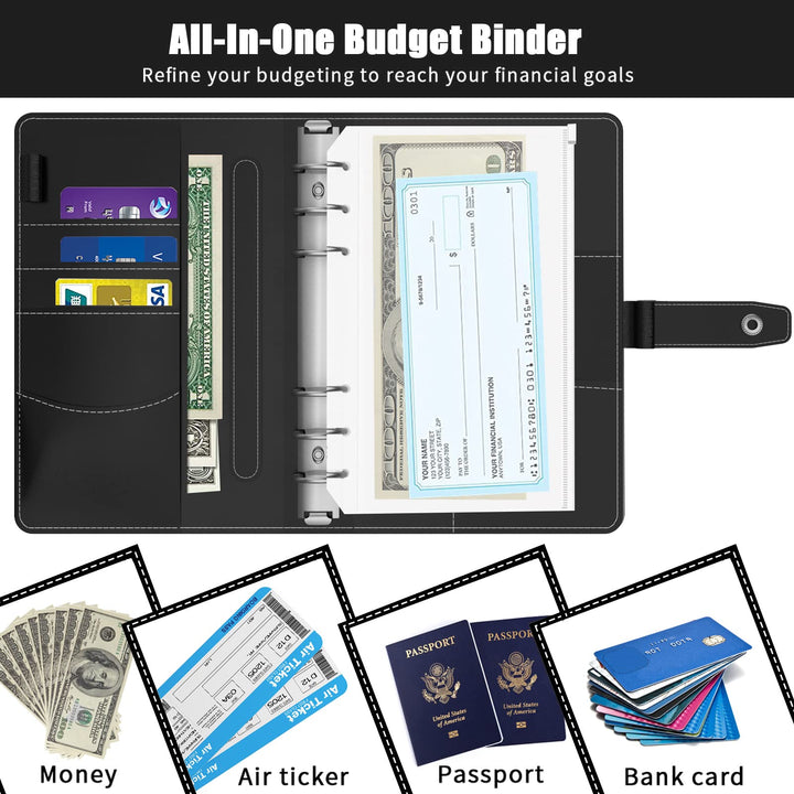 Cash Envelopes for Budgeting, 50 Pcs Budget Binder with Zipper Envelopes and Expense Budget Sheets, Waterproof PU Leather A6 Binder for Money Saving Planner Organizer (Black)