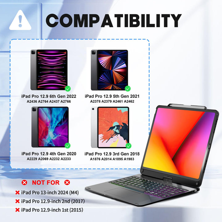 iPad Pro 12.9 inch Case with Keyboard, Rainbow Backlits, Pencil Holder, 360° Rotatable, Keyboard for iPad Pro 12.9 inch 6th/5th/4th/3rd Generation - Black