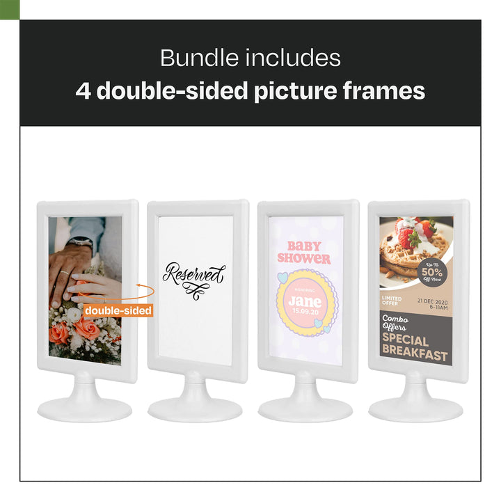 Double Sided Standing Picture Frames - (White, 4 count) 4x6 Inch Pedestal Photo Frame with Inserts and Base - 2 Sided Frame for Vertical Display