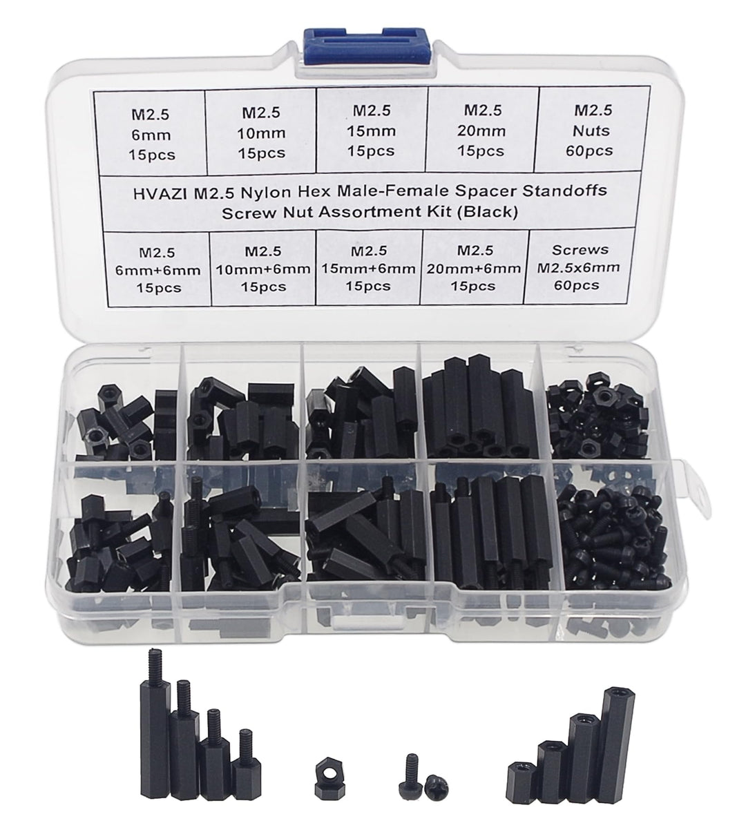 240pcs M2.5 Nylon Hex Spacer Standoffs Screws Nuts Assortment Kit;Male-Female(Black)