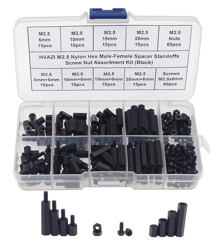 240pcs M2.5 Nylon Hex Spacer Standoffs Screws Nuts Assortment Kit;Male-Female(Black)