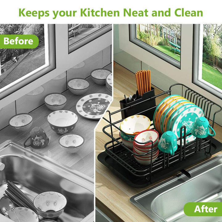 Dish Drying Rack, Dish Drainer for Kitchen Rustproof Dish Rack and Drainboard Set with Removable Utensil Holder and Adjustable Swivel Spout, Countertop or in Sink Dry Rack (Black)
