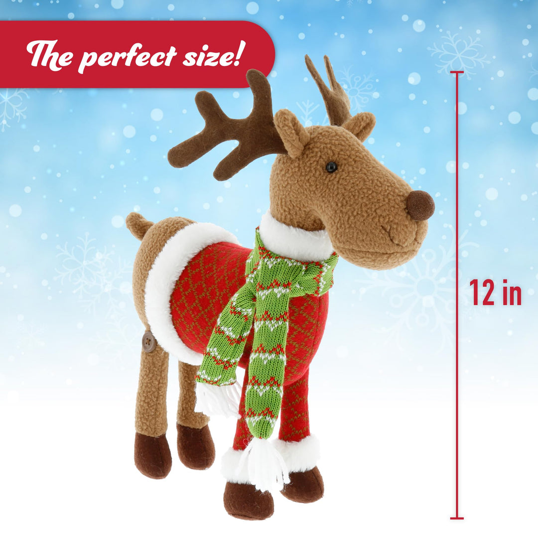 Reindeer Plush 12 Christmas Pet Stuffed Doll - Cute Pet Deer Rudolph Toy with Coat and Scarf, Animal Decorations, Great Gifts for Kids, Holiday Party Exchange or Soft Festive Fall Winter House Decor