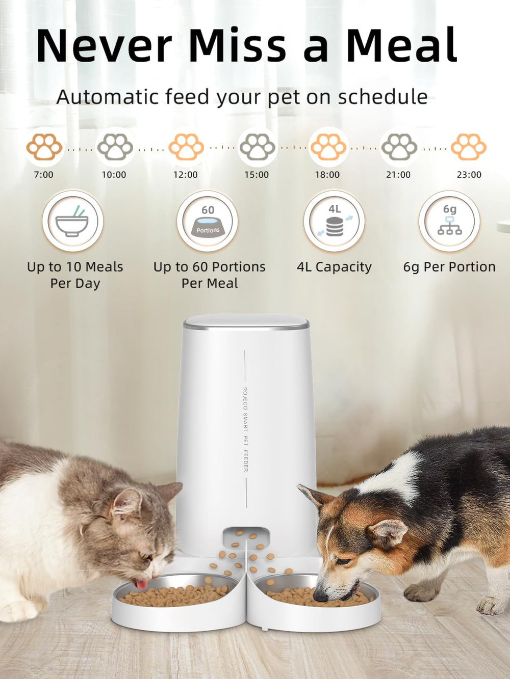 Automatic Cat Feeders for 2 Cats, 4L Cat Food Dispenser with APP Control, Double Stainless Steel Bowls, Dual Power Supply and Low Food Alarms, 2.4GHz Wi-Fi Enabled Pet Feeder for Cats and Dogs