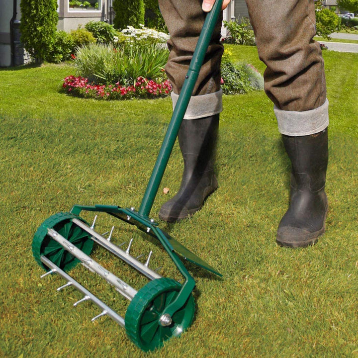 Heavy Duty 18 Inch Aerator Roller Rolling Lawn Garden Spike with Fender Lawn Aerator Home Grass Steel Handle Green Quick and Easy to Assemble
