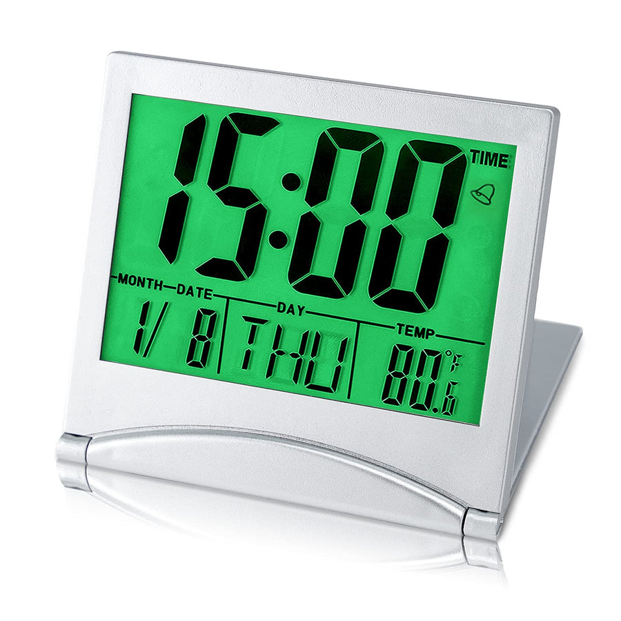 Small Digital Travel Alarm Clock Battery Operated, Portable LCD Large Display Alarm Clock with Backlight, Temperature Desk Clock -Silver(Green Light)