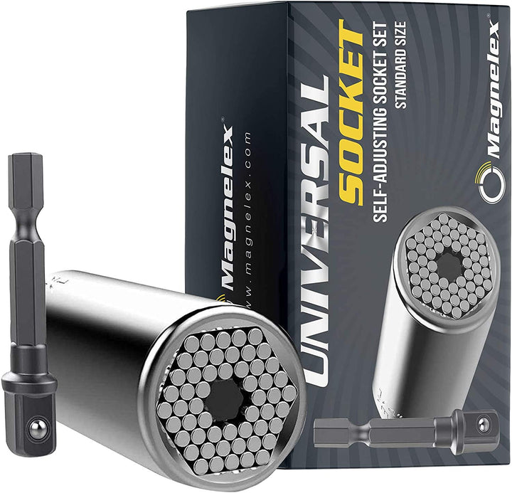 Universal Socket Tool with Drill Adapter Perfect Stocking Stuffers for Men – Self-Adjusting Socket, Nut Driver with 54 Spring-Loaded Pins for Nuts and Bolts. Unique Gift for Men, Father, Dad