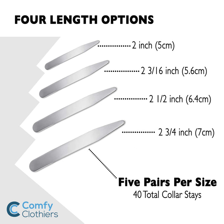 Metal Collar Stays for Men&#39;s Dress Shirts (40-Pack, Multiple Lengths) Steel Shirt Collar Inserts with Case