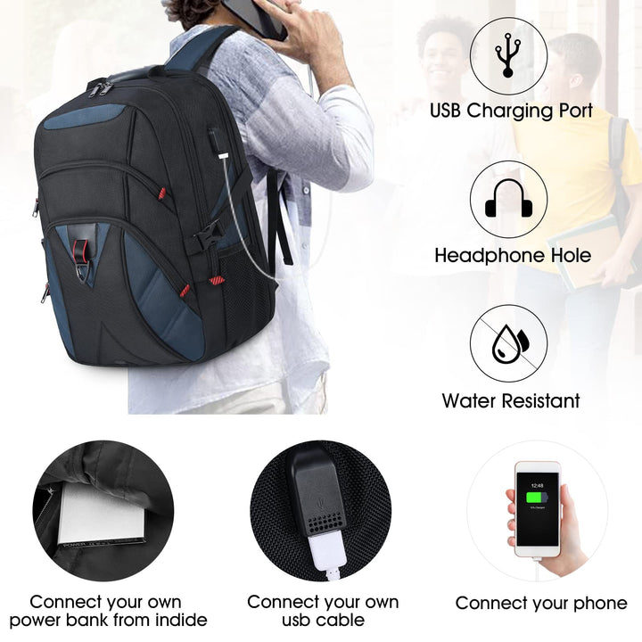 Laptop Backpack 17 Inch with Cable Organizers Large Travel Backpack for Men Women TSA Friendly Waterproof Backpack with USB Charging Port Work College Business Computer Bag for 17.3 Inch Laptop, Black