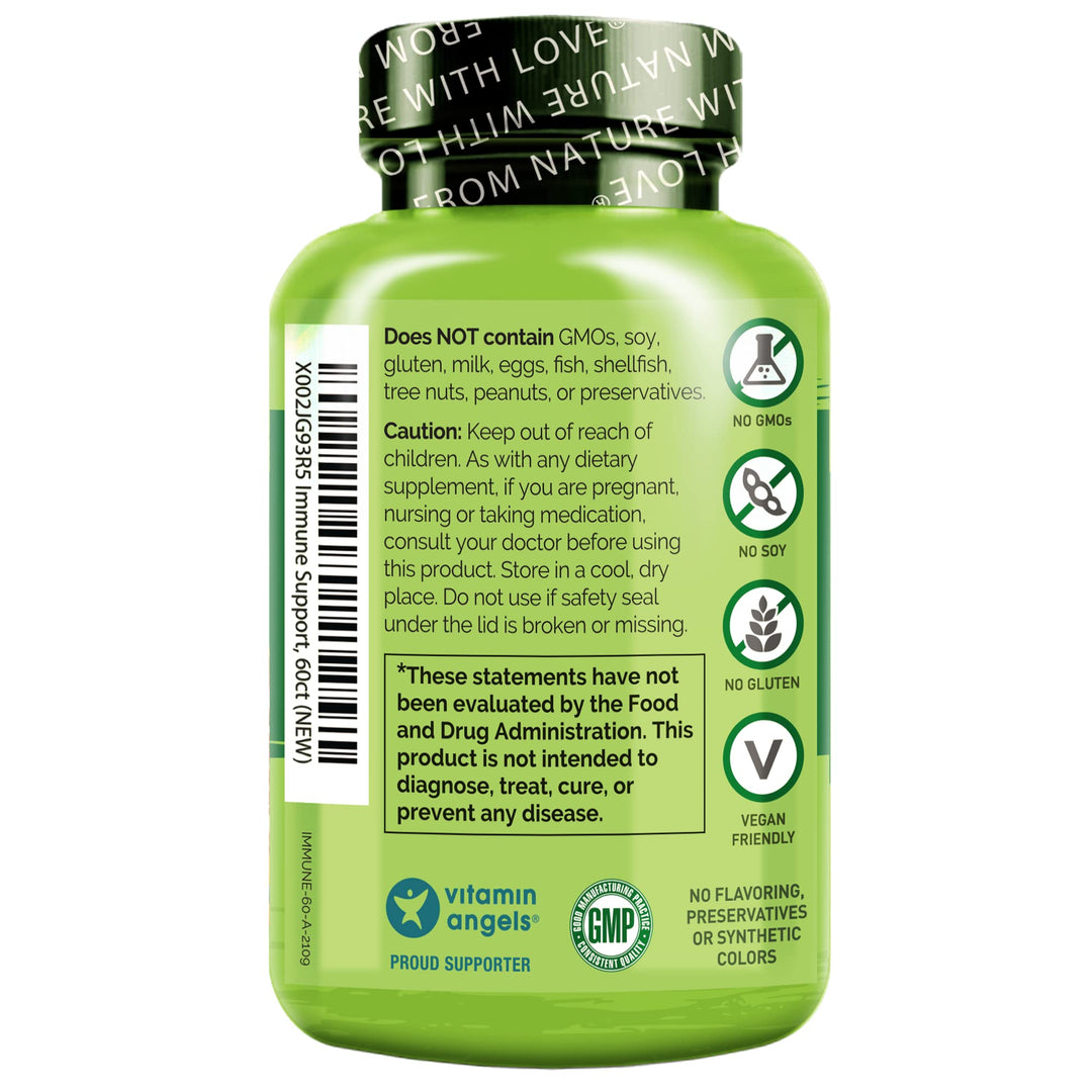 Immune Support – Vitamin C, Elderberry, Zinc, Echinacea – Natural Immunity Boost w/Antioxidant, Herbal &amp; Mineral Defense - 60 Vegan Capsules