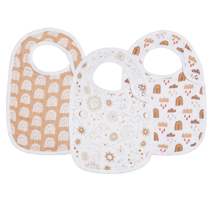 Snap Muslin Bibs for Girls, 3-Pack Baby Bibs for Infants, Newborns and Toddlers, 100% Cotton Muslin Absorbent &amp; Soft Layers, Adjustable Snaps,Rainbow,Cosmos,Clouds