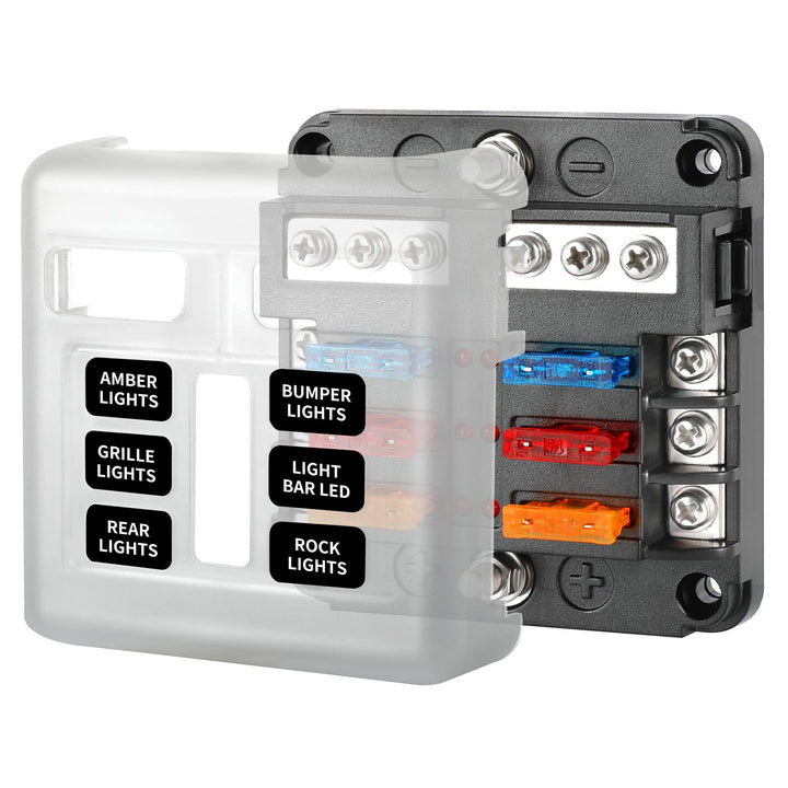 6 Way Fuse Block, 12V Fuse Box with LED Indicator Waterproof Cover 6 Circuits with Negative Bus Fuse Panel for DC 12V/24V Car Marine Boat RV Trailer Truck Van Vehicle