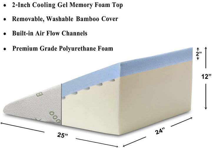 Foam Wedge Bed Pillow (25 x 24 x 12) with High Quality, Removable Cover