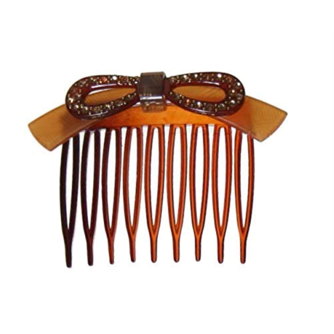 Handmade Comb Decorated With Layered Detailed Plastic Bow And 30 Rhinestones And Studs
