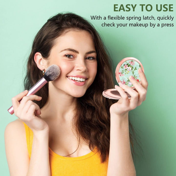 Nipichsha Compact Mirror, Pocket Travel Makeup Mirror, 2-Sided 2X & 1X Magnification Compact Mirrors, Small Folding Portable Handheld Mirror for Purses, Gifts for Mom & Women, 2.75In Rose Gold(Peony)