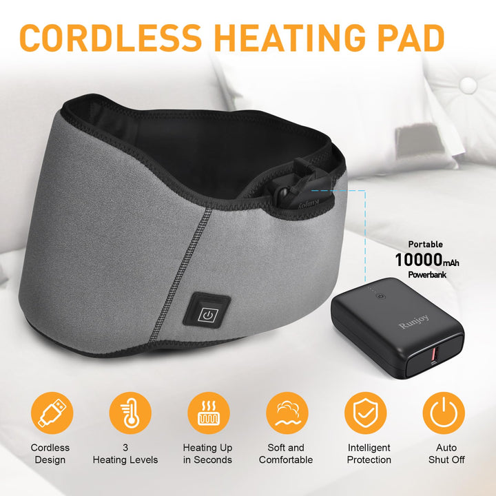 Portable Heating Pad, Cordless and Rechargeable Heating Pad with 10000mAh Battery, 3 Heat Settings, Fast Heating and Adjustable Strap for Back Pain, Cramps, Neck and Shoulders