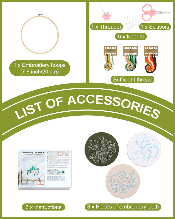 3 Sets Embroidery Kit for Beginners Needlepoint Cross Stitch Kits for Adults,Stitch Learning DIY Kit with Easy Instruction Video,Stamped Floral Embroidery Patterns,Hoop,Threads,Sewing Hobby