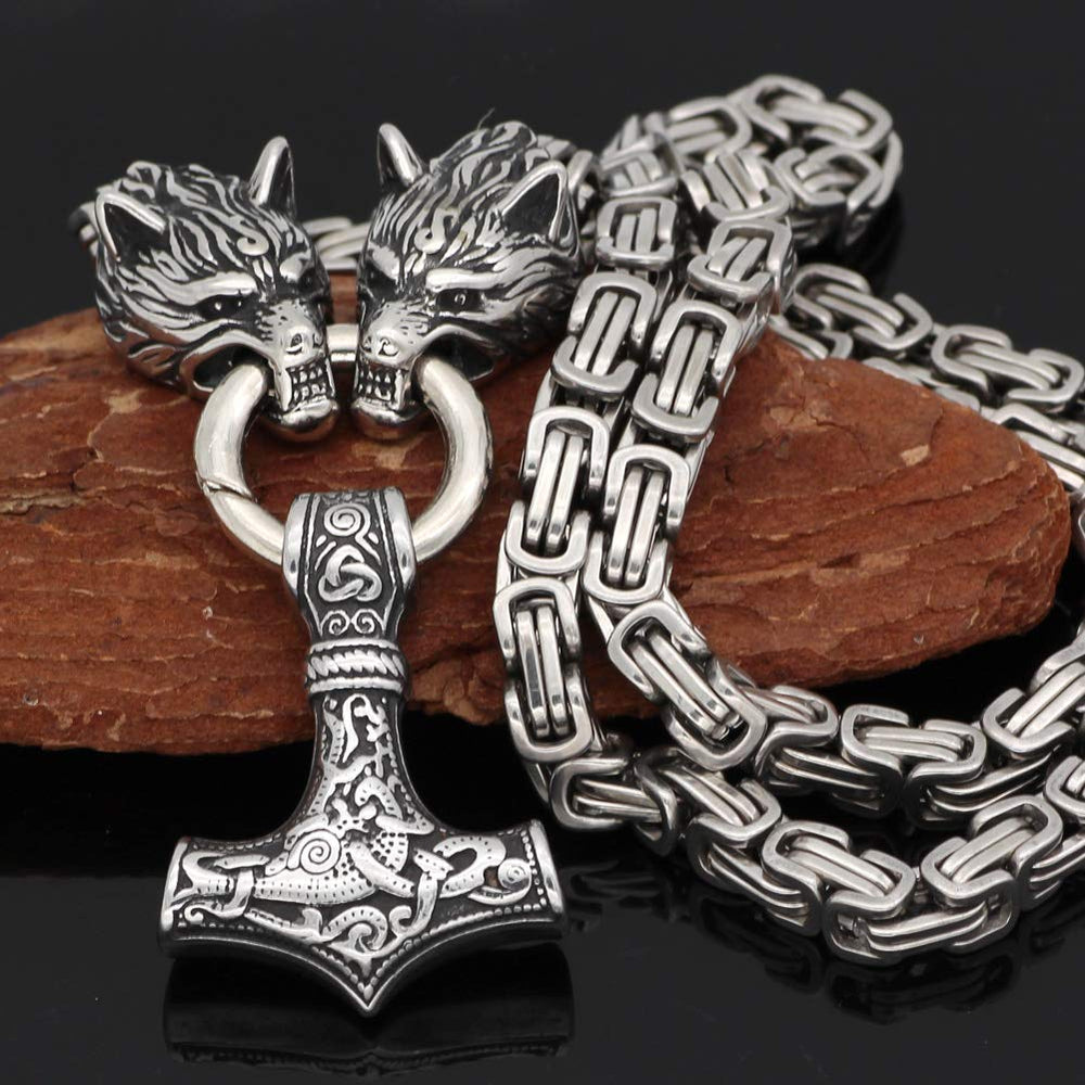 Men Stainless Steel Wolf Head Norse Viking Amulet Thor Mjolnir Necklace King Chain with Valknut Gift Bag (23 INCH)
