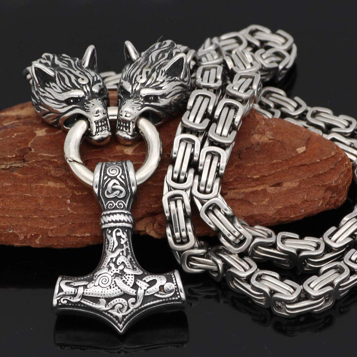 Men Stainless Steel Wolf Head Norse Viking Amulet Thor Mjolnir Necklace King Chain with Valknut Gift Bag (23 INCH)