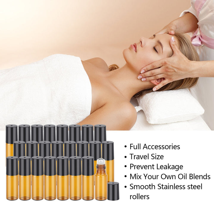 Essential Oil Roller Bottles, 24 Pack Amber Glass Roller Bottles 5ml, Roller Balls for Essential Oils, Roll on Bottles (96 Pieces Labels, 4 Funnels, 4 Dropper, 2 Opener)