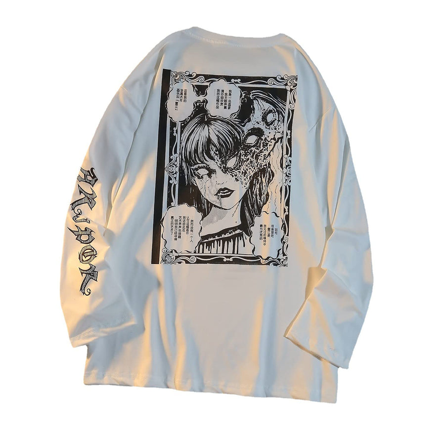 Gothic Cartoon Horror Graphic T-Shirt Women Character Print Loose Punk Japanese Pullover Top Harajuku Street Tees (White, L)