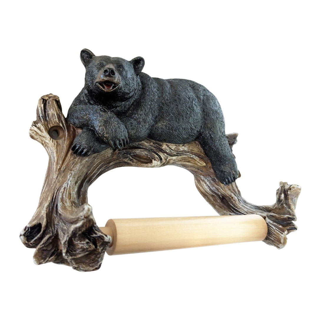 Rustic Cabin Style Black Bear on Log Toilet Paper Holder Wall Mounted