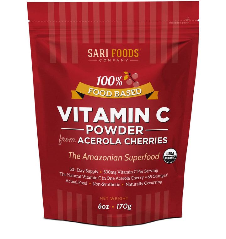 Sari Foods Co Organic Acerola Cherry Powder - Natural Vitamin C Complex Powder - Plant Based, Non-Synthetic Nutrition. Nature’s Daily Whole Food, Antioxidants and Bioflavonoids, 6 Ounce