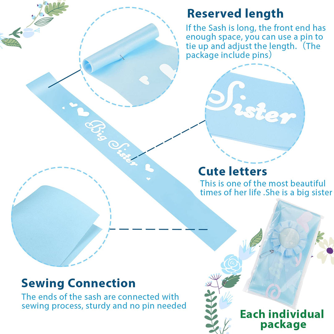 3 Pcs Big Sister Accessory Set Big Sister Flower Crown Satin Sash Pin Big Sister Gifts for Baby Shower Party(Blue)