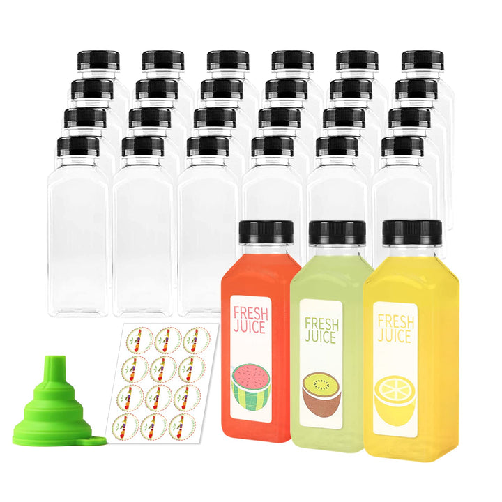 Unalilia Empty 12oz Clear Juice Bottles With Caps For Juicing - Bulk Refillable Drink Container for Juicing, Smoothie, Milk, Soda with Black Tamper Proof Caps and Funnel (24 Pack)
