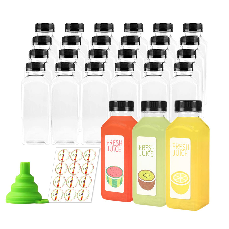 Unalilia Empty 12oz Clear Juice Bottles With Caps For Juicing - Bulk Refillable Drink Container for Juicing, Smoothie, Milk, Soda with Black Tamper Proof Caps and Funnel (24 Pack)