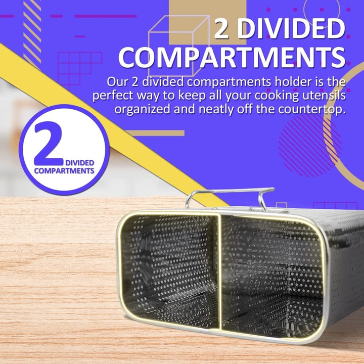 Kitchen Utensils Drying Rack Stainless Steel Flatware Silverware Caddie Holder Basket Organizer with Hook (Medium-2 Compartments)