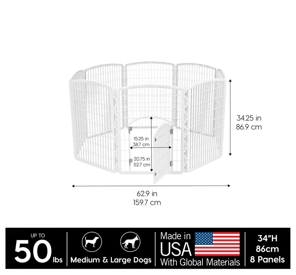 Dog Playpen, 8-Panel 34 Pet Playpen with Door, Puppy Playpen, Indoor/Outdoor Dog Pen, 63 x 63 x 34, Foldable, Customizable, White