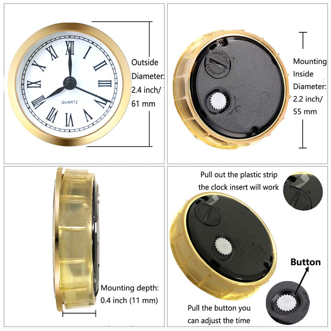 Mini Clock Insert 2.4 Inch (61 mm) Round Quartz Clock Fit-up Movement Miniature Clock White Dial Gold Tone Bezel Roman Numerals (Gold)