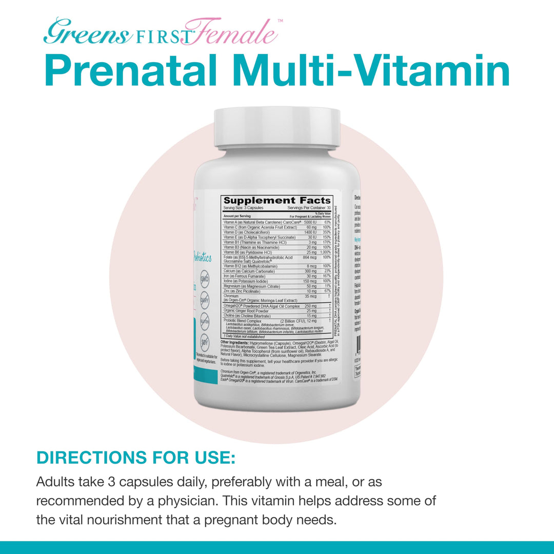 Female Prenatal Vitamin with Vegan DHA - Pregnancy Multivitamin Supplement - Supports Healthy Fetal Development - Natural Ingredients - with Ginger - 90 Capsules