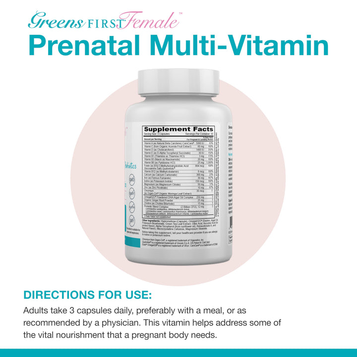 Female Prenatal Vitamin with Vegan DHA - Pregnancy Multivitamin Supplement - Supports Healthy Fetal Development - Natural Ingredients - with Ginger - 90 Capsules