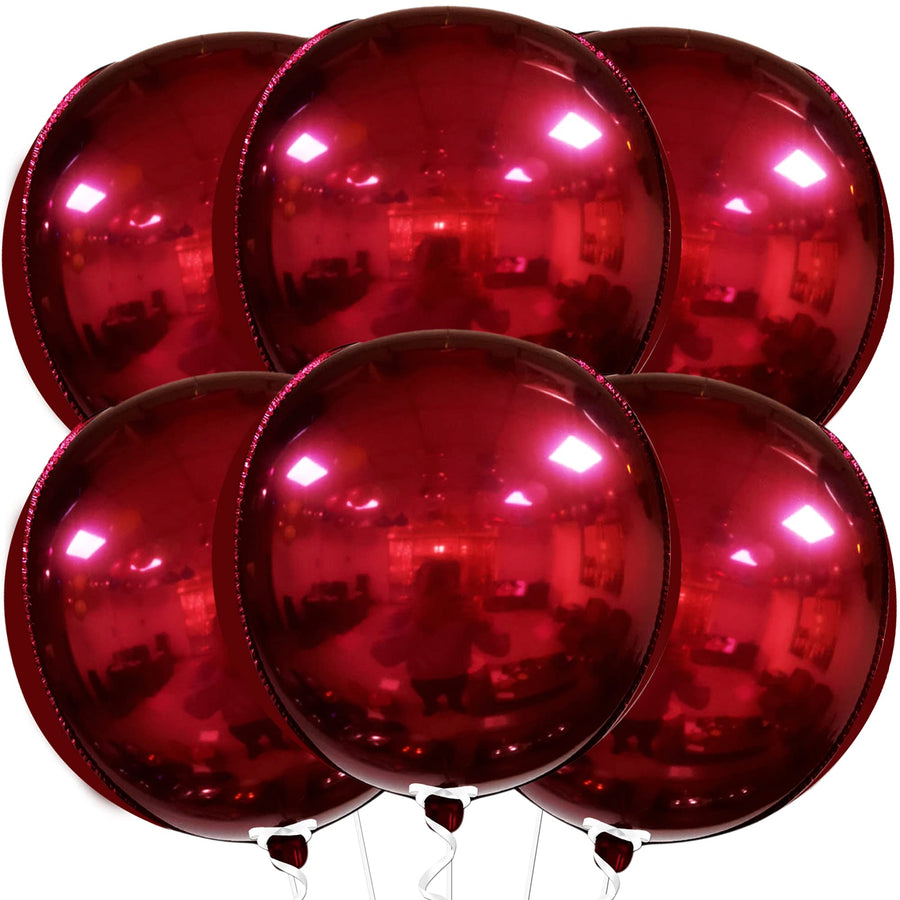 Big 22 Inch Dark Red Balloons - Pack of 6, Red Metallic Balloons | 360 Degree 4D Red Chrome Balloons | Mirror Finish Metallic Red Balloons, Valentines Day