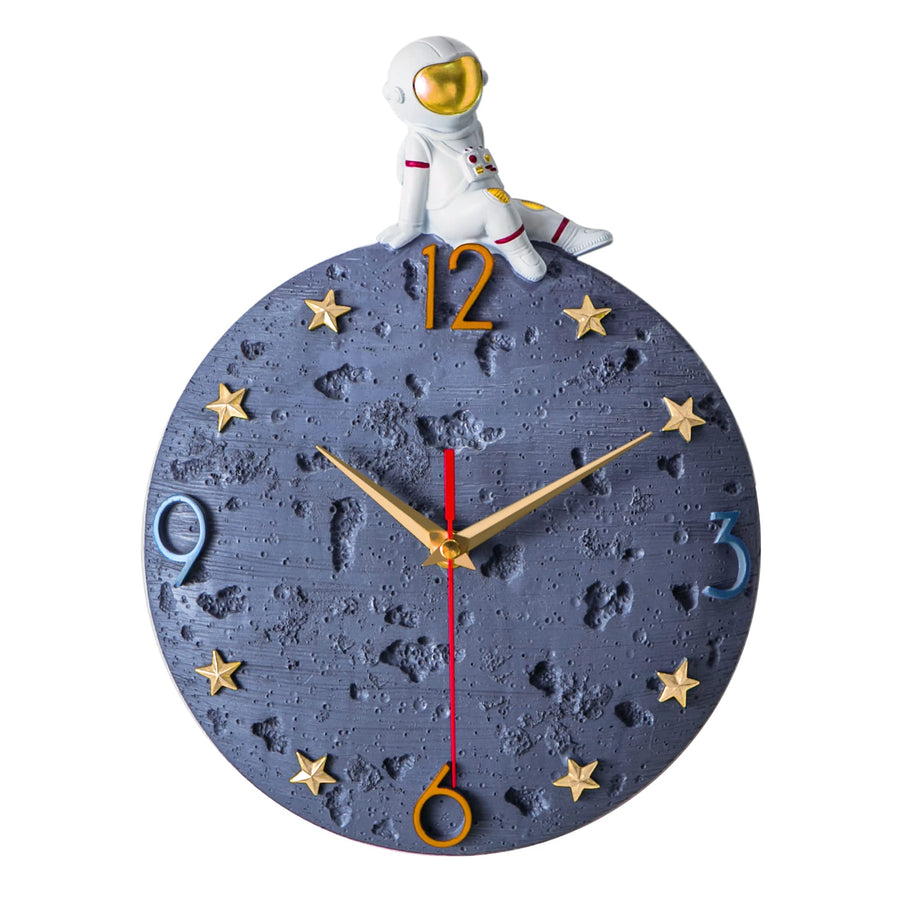 Space Theme Wall Clock, Astronaut Moon Wall Clock, 12 Inch Grey Modern Silent Clock for Kids Room Nursery Living Room Bedroom Kitchen Decor, for Children Boys and Girls Gift