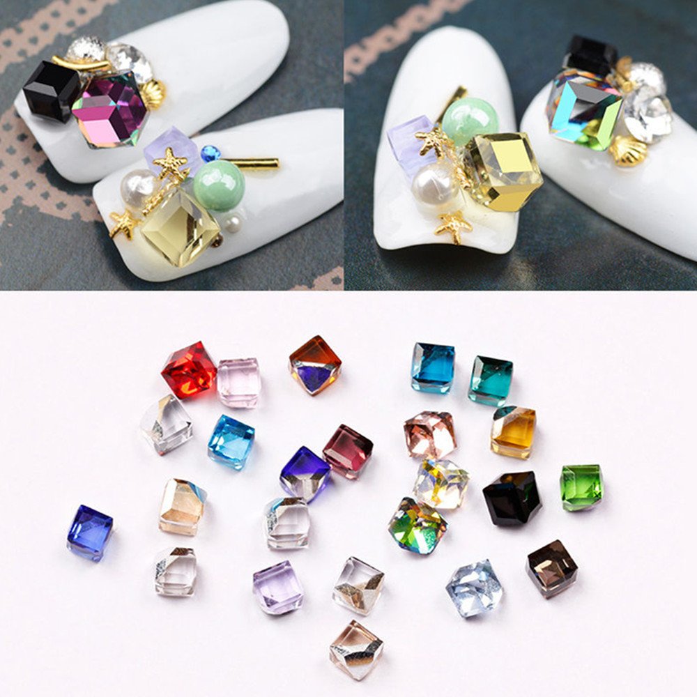 60PCS 3D Cube Square Rhinestone Crystal Glass Nails Beads Decoration Manicure Nail Art 4MM (Colorful)