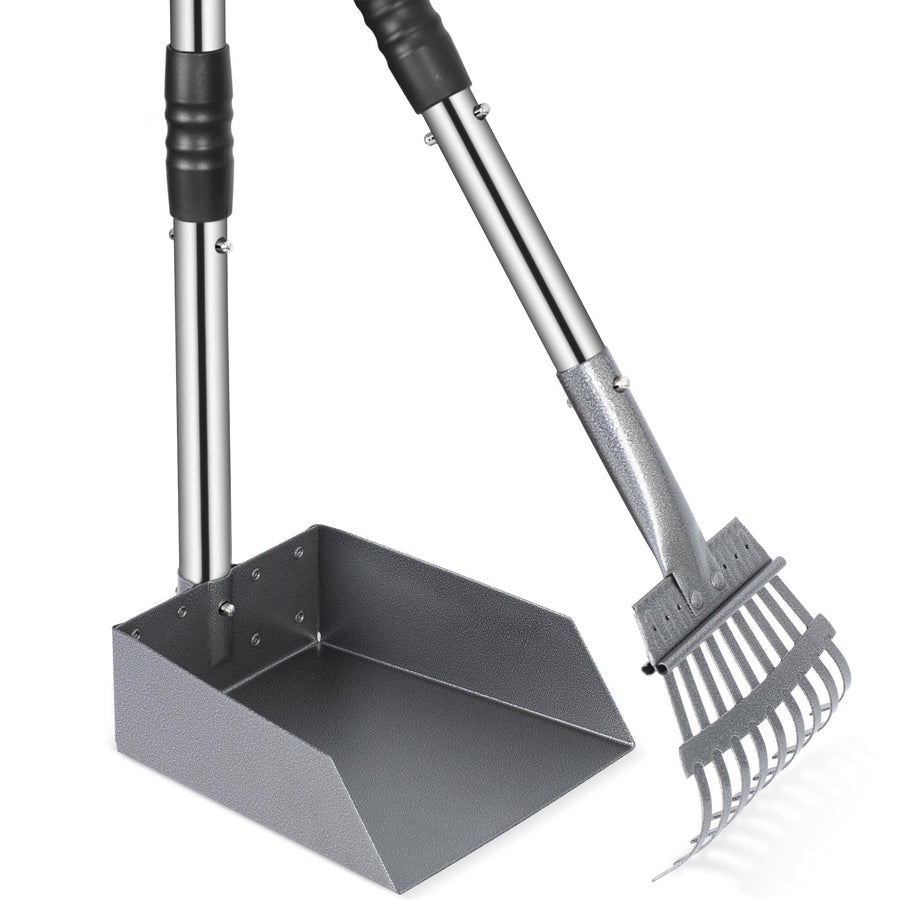 Dog Pooper Scooper, Dog Poop Tray and Rake Set, Pet Waste Removal Scoop with Long Adjustable Sectional Stainless Handles