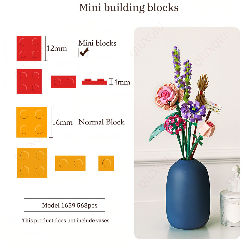 QUIXQIU Mini Bricks Flower Bouquet Building Sets, Artificial Flowers Kit 568 Pieces Botanical Collection, Building Project Gift Idea for Ages 8-12 yrs Old Girl