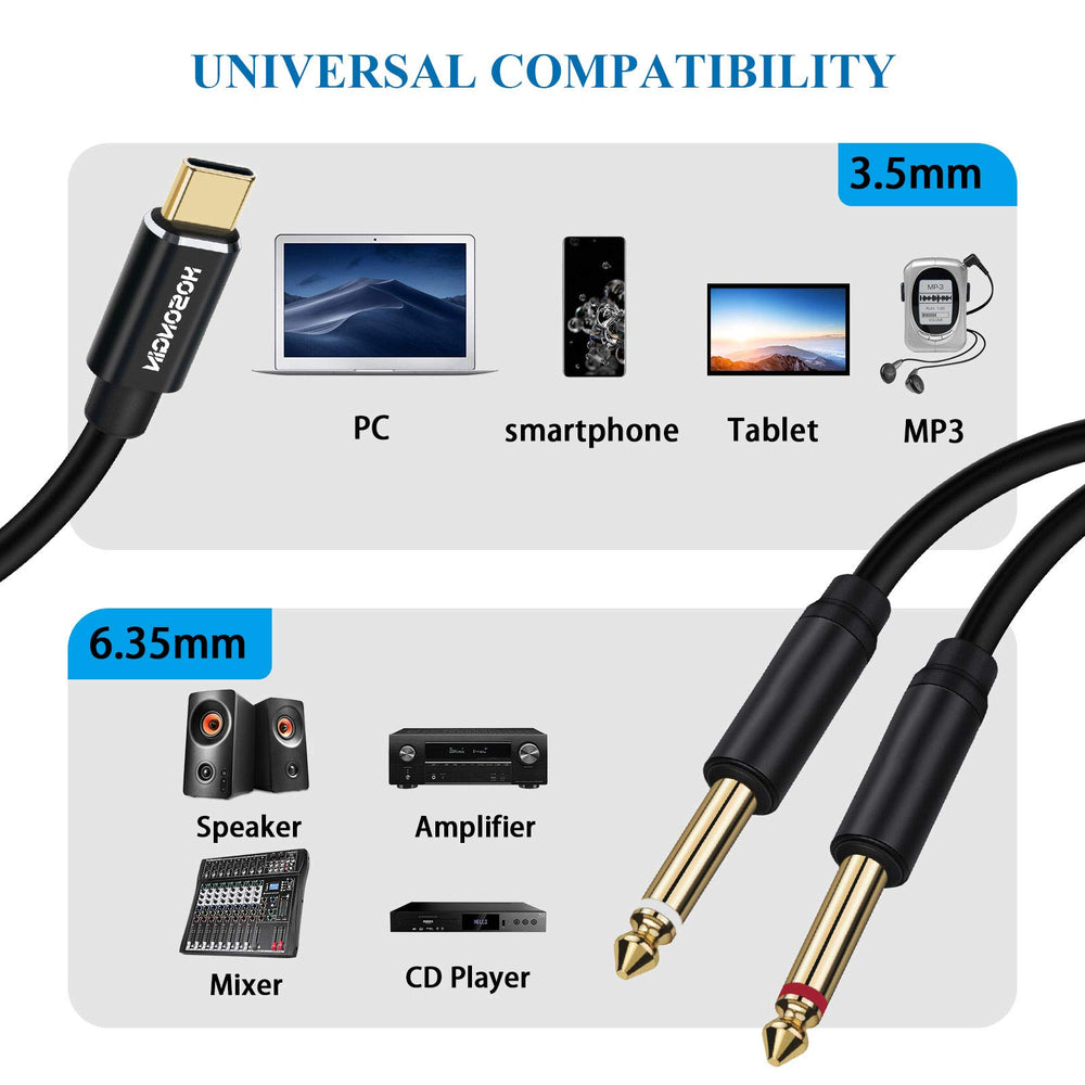USB C to Dual 6.35mm 1/4 inch Stereo Splitter Y Cable, USB Type C to Dual 6.35mm 1/4 inch TS Audio Cord for Smartphone, Tablet, Laptop Link Amplifier, Mixing Console Mixer, Speaker, 6 Feet